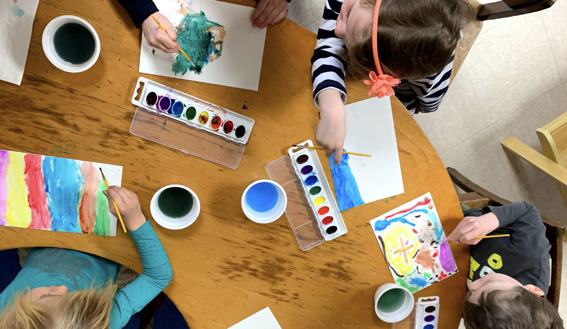 students painting